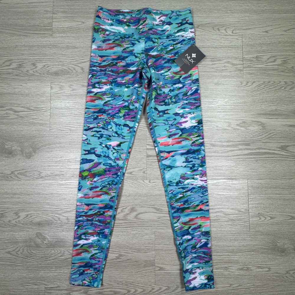 NUX Women's Leggings NWT Abstract Watercolor Blue Teal Purple Small‎ Activewear